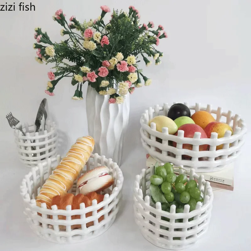 Ceramic Hand-woven Basket Fruit Plate Snack Box Candy Plate Organize Trays Storage Jar Organizer Storage Tube Storage Basket