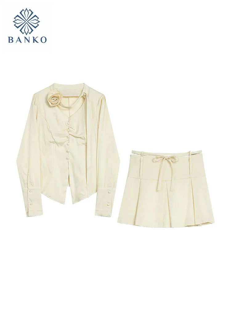 

Formal Occasion Sweet Outfits 2 Piece Skirt Set V-Neck Beige Blouses + Fashion Chic A-Line Skirt 2000s Aesthetic Preppy Style