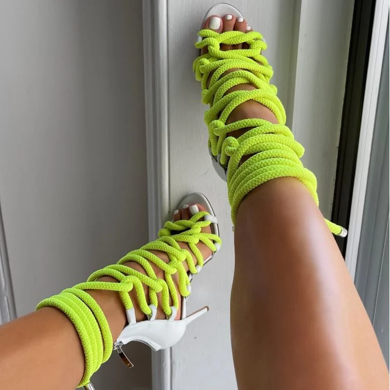 

Modern Rope Braided High Heel Sandals Open Toe Lace Up Thin Heels Women Summer DRess Shoes Green White Gold