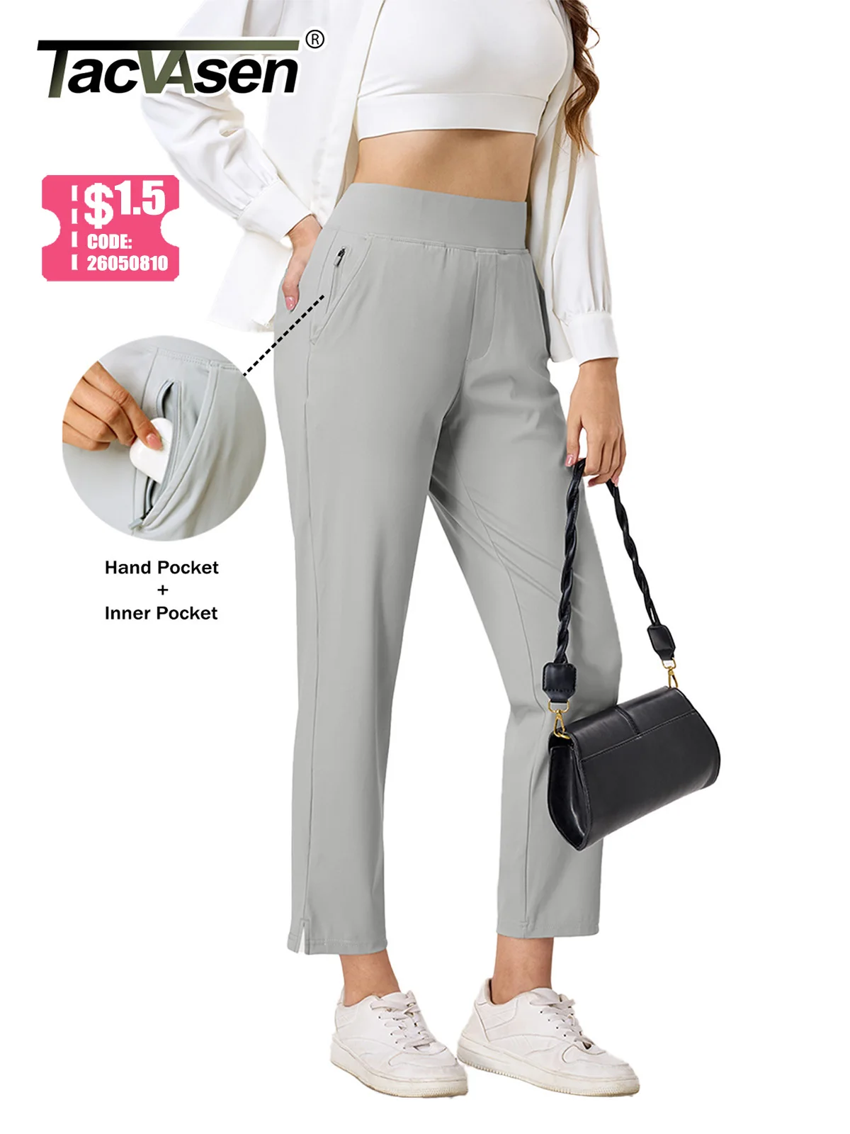 TACVASEN UPF 50+ Pantalones de golf Pantalones elásticos ligeros de secado rápido para mujer Pantalones casuales atléticos de trabajo de cintura alta 5 bolsillos