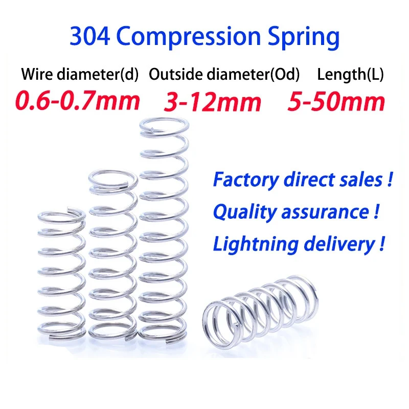 

10Pcs 0.6mm 0.7mm Stainless Steel Micro Small Compression Spring OD 3mm4mm5mm6mm7mm8mm9mm10mm11mm12mm L: 5mm-50mm Customizable