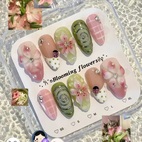 24PCS Tropical Green Polka Dots French False Nails 3D Pink Flowers with Silver Swirl Patterns Almond Press on Nails High Quality