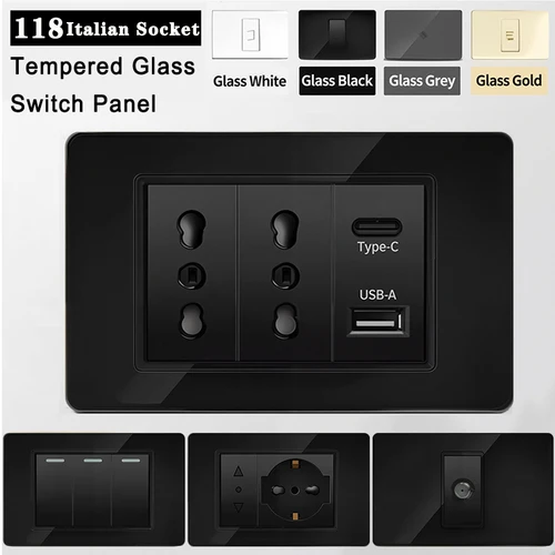 Chile Schuko 16A Wall Socket Italy Standard Dual USB Type-C 20W Fast Charging Tempered Glass Panel 118x75mm for Kitchen Home Use