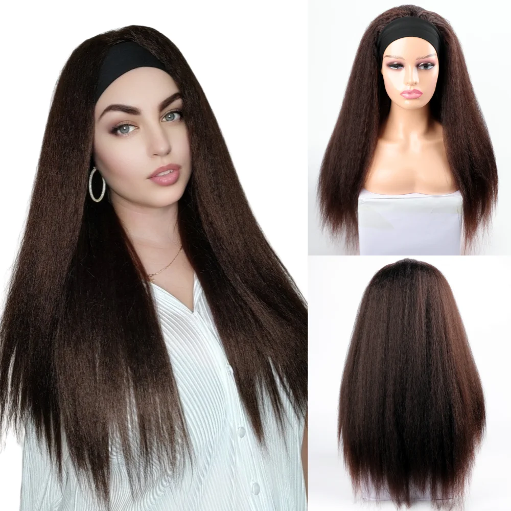 

22 Inch Kinky Straight Synthetic Headband Wig Dark Brown Synthetic Hair Wig Long Yaki Straight Synthetic Headband Wigs for Women