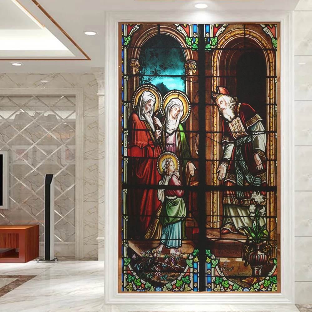 Window Privacy Film UV Blocking Heat Control Glass Static Cling Church Painting Pattern Decorative Semitransparent Glass Sticker