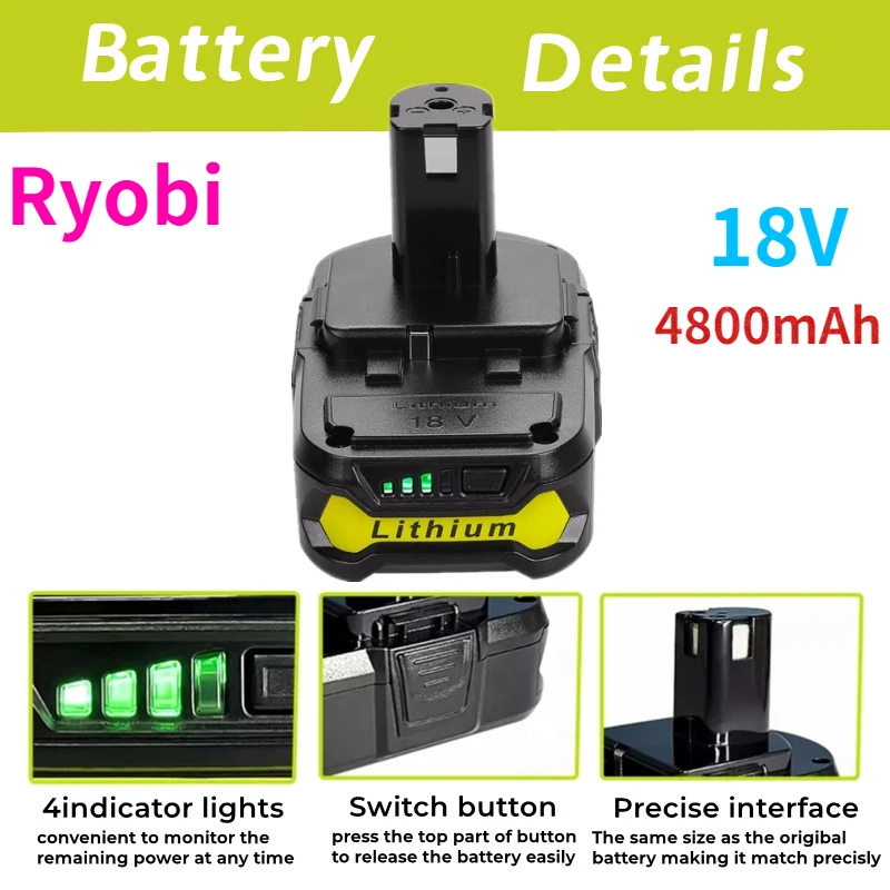 

Verbesserte 4,8 ah ersatz ryobi 18 v lítio-batterie, kompatibel mit ryobi 18 volts um + mais p107 p108 p102 p103 p104p105 p109