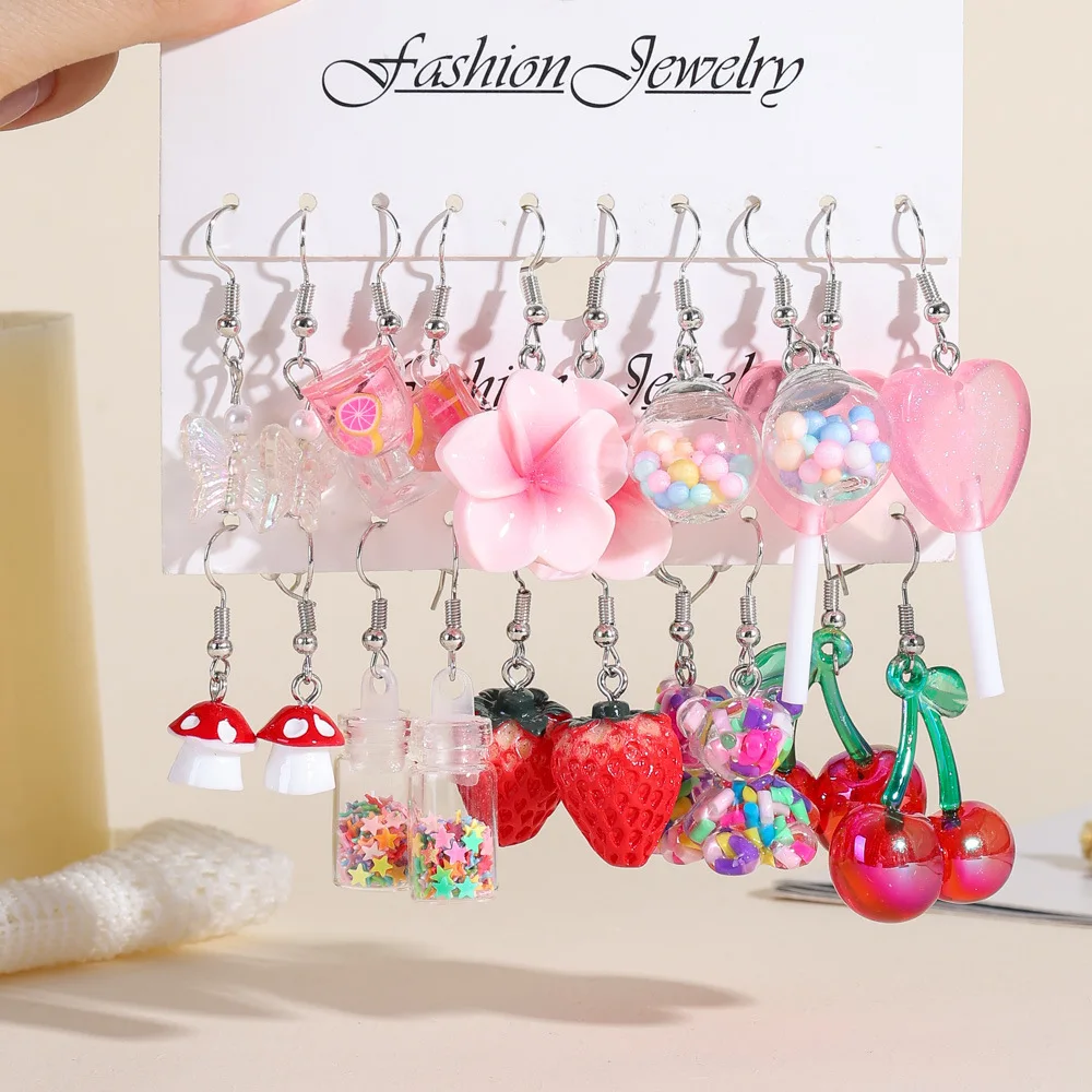 European American New Fruit Earrings Set Resin 3D Simulation Cherry Strawberry Daily Earrings