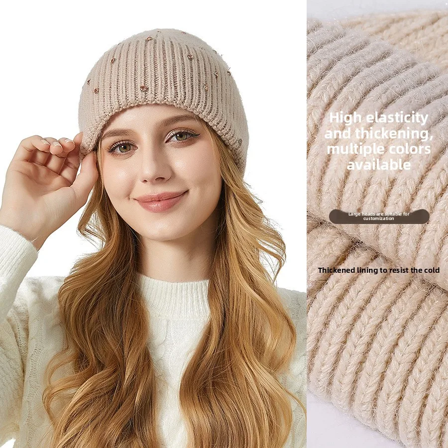Heavy Industry Diamond-encrusted Angola Rabbit Hair Hat European and American Thickened Elastic Knitted Hat Outdoor Pullover Hat