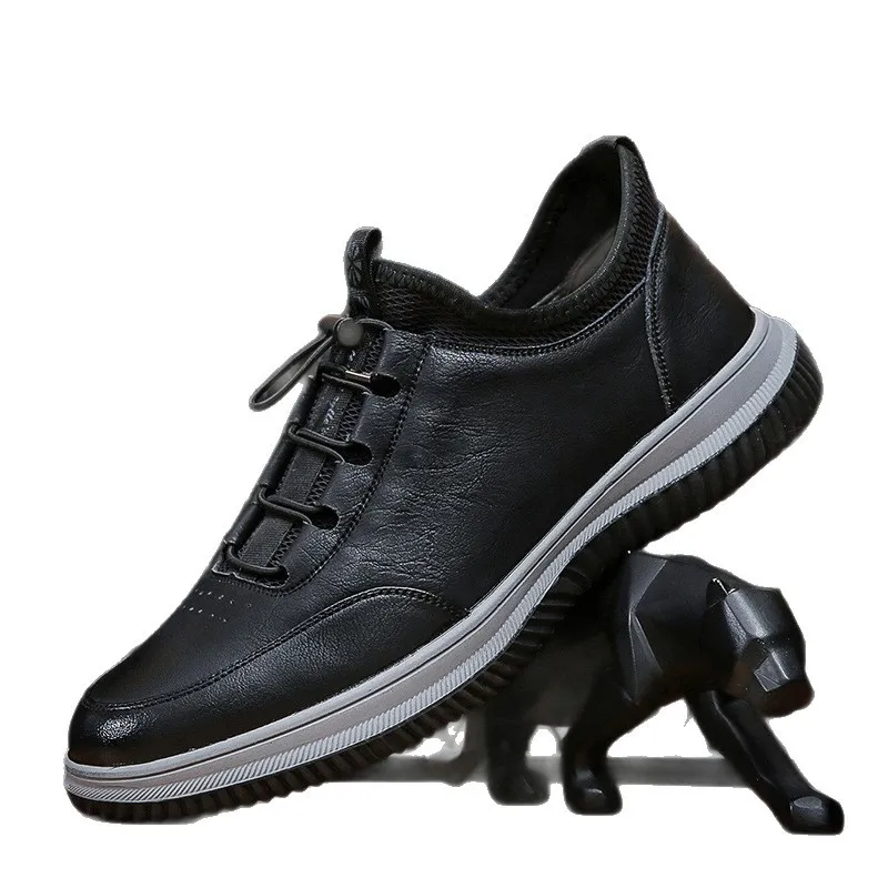 

Черные кожаные кроссовки на резинке для мужчин, весенне-осенняя модная повседневная обувь с низким берцем, мужская противоскользящая спортивная дизайнерская обувь для мужчин