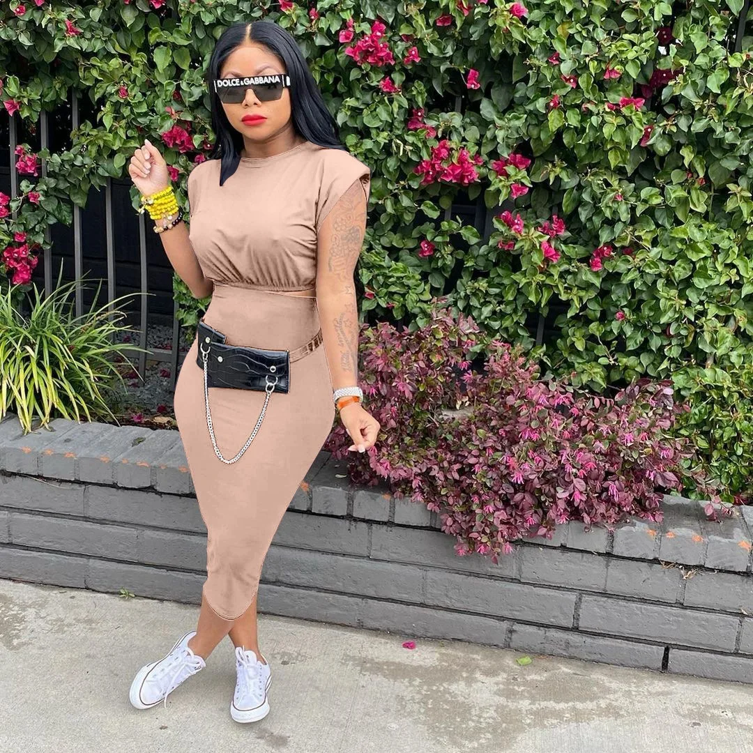 Stylish Women's 2-Piece Summer Loose Sleeveless Shoulder Pad T-Shirt And Slim Midi Dress Outfits Lady Casual 2-Piece Set