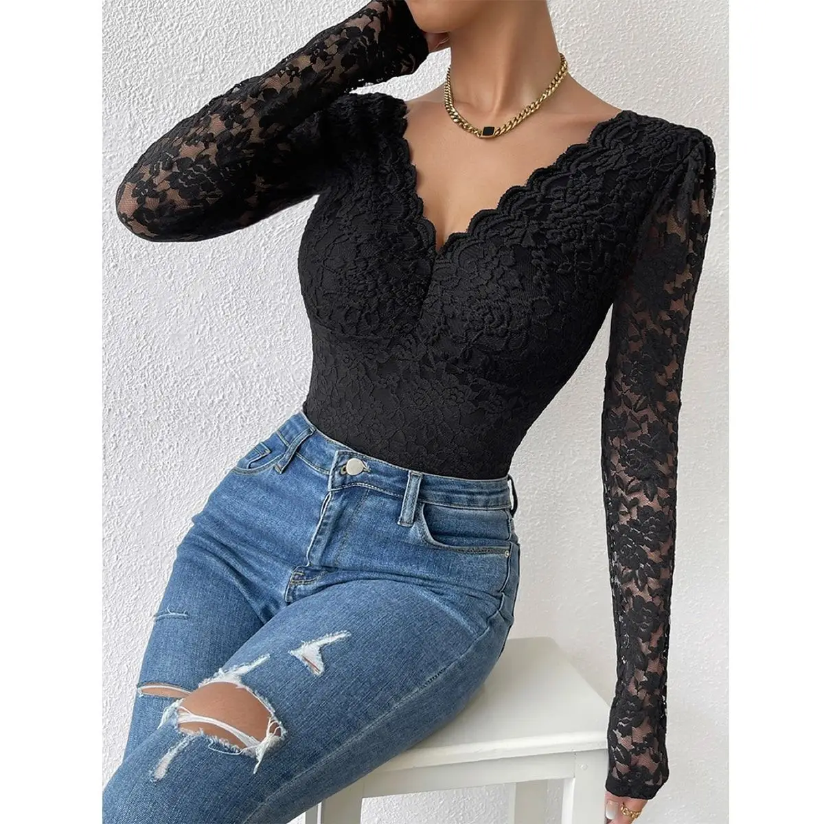 Sexy  Lace Bodysuit for Women, V Neck Long Sleeve Sheer Mesh See Through Bodysuit, 2026 Trendy Slim Fit Shapewear Bodysuit