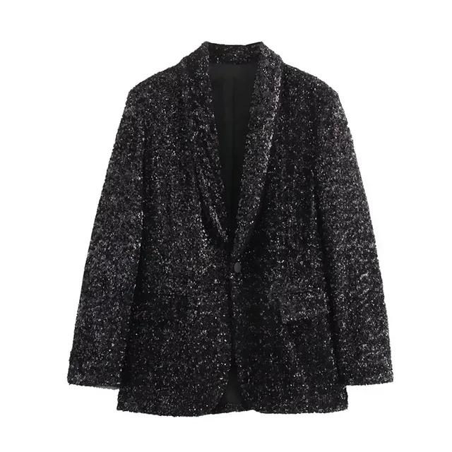 

New Spring Fashion Women Blazers Solid V-Neck Long Sleeves Pockets Sequins Decorate Single Button Female High Street Coats