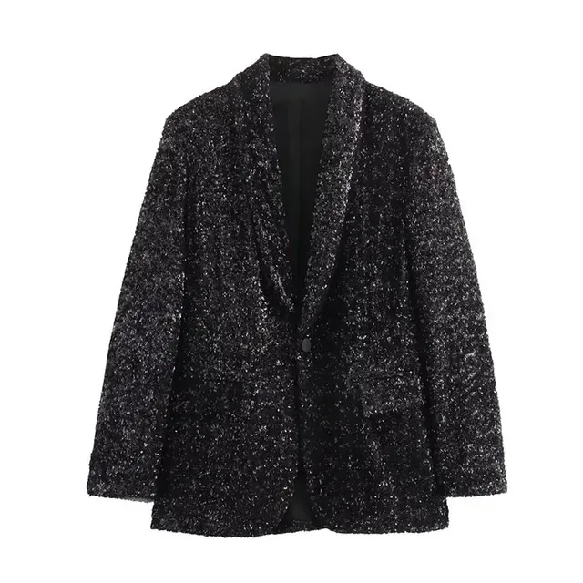 New Spring Fashion Women Blazers Solid V-Neck Long Sleeves Pockets Sequins Decorate Single Button Female High Street Coats