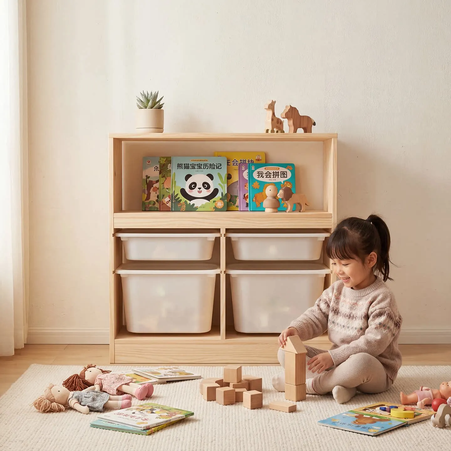 Solid wood children's storage rack Floor-to-ceiling multi-layer storage cabinet Toy finishing rack Household shelf Bookshelf