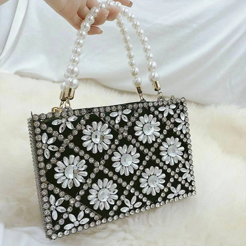 Diamond Flower Evening Bag Metal Cage Pearl Beading Handle Women Handbag Wedding Party Clutch Purse Shoulder Crossbody Bag