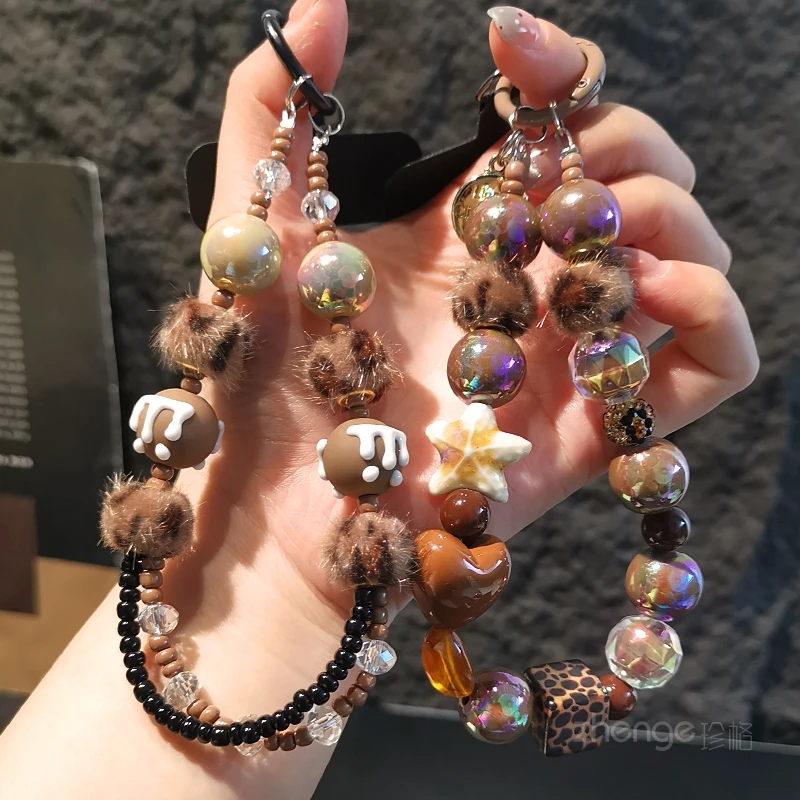 

Браслет из шариковых бусин с леопардовым принтом. Короткий женский ремешок для мобильного телефона на запястье, портативный ремешок с защитой от потерь для путешествий на открытом воздухе