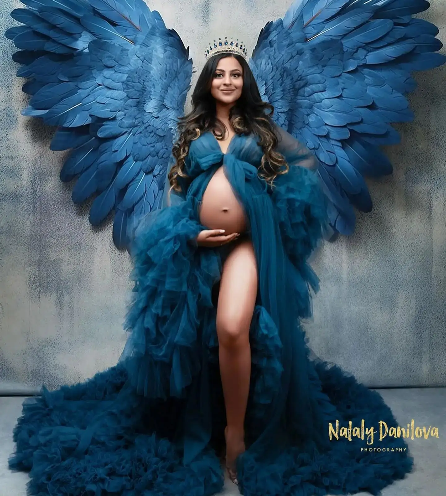 

Navy Blue A Line Evening Dresses for Photoshoot Sexy Front Split Sweep Train Pregnant Women Maternity Robes Tiered Ruffles Gowns