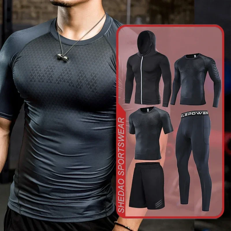 Mens Fitness Sportswear Set Gym Running Compression Tracksuit Suit Jogging Tight Sports Wear Clothes Dry Fit Lycra Leggings