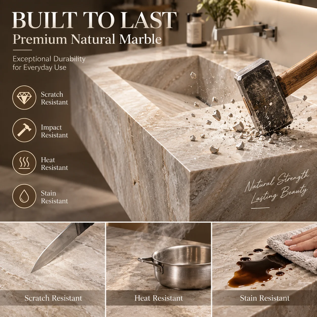 Any Size Custom Luxury Natural Stone Bathroom Vanity Set Integrated Sink Single Double Sink Stain Resistant Waterproof Durable H