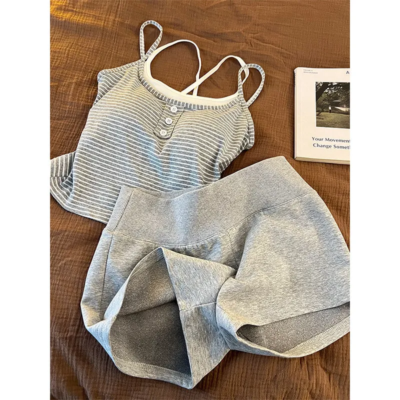 Girls' Simple Style Striped Small Suspenders Pajamas Women's Spring and Summer New Shorts Loose Loungewear Can Be Worn Outside