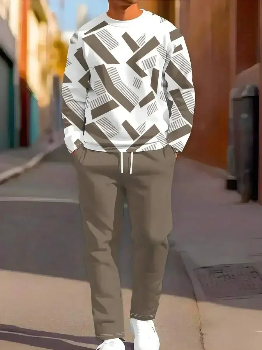 

Mens Casual Geometric Print Sweatshirt And Pants Set Pullover Sportswear For Outdoor