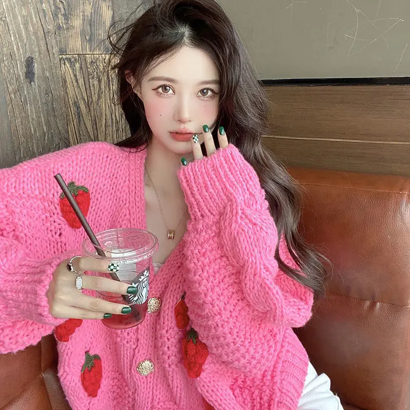 MEXZT Women Harajuku Strawberry Loose Cardigan Sweater Fall Fashion Long Sleeve Korean Tops Chic Female Preppy Style Y2k Sweater