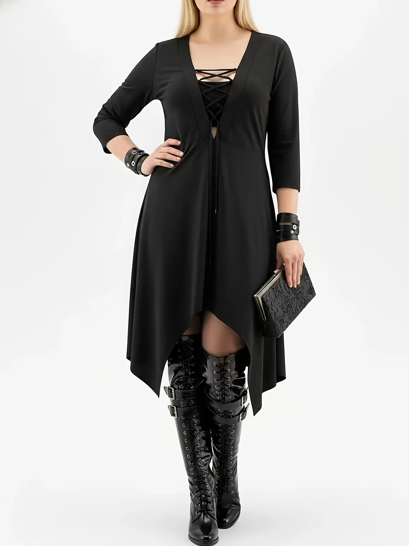 

plus Size Black V-Neck Reversible Long Sleeve Dress Women's Stylish Double-Sided European American Fashion