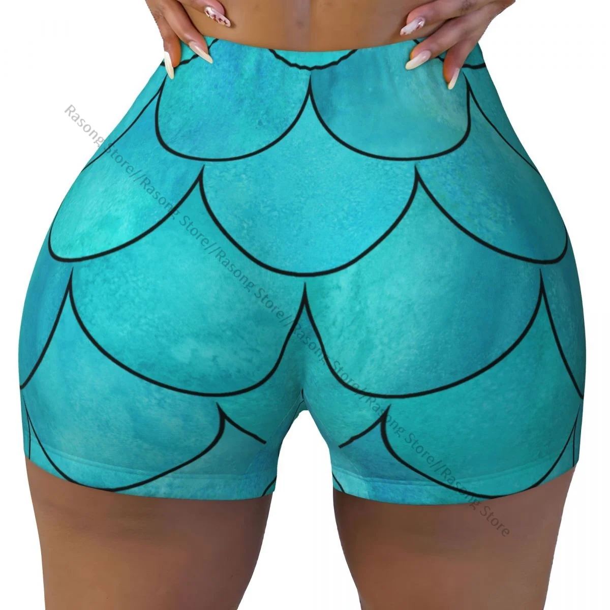 Spandex Yoga Shorts for Women Bright Teal Color Mermaid Fish Scale Wave Workout Booty Shorts