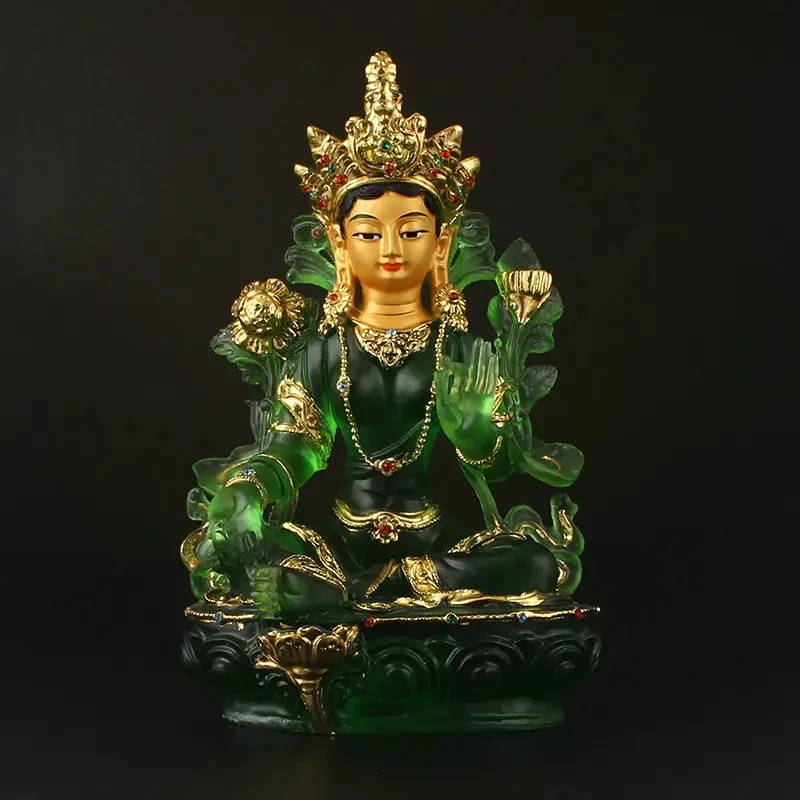 Buddha Quality Resin Imitation Glass Gold Plated Auspicious Green Tara Bodhisattva Talisman Putting Statue Decoration