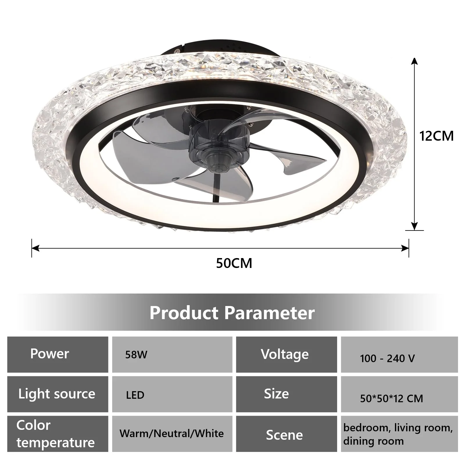 Modern LED Ceiling Fan with Light and Remote Control Crystal Lustre Nordic Style Electric Fan Lamp for Home Rooms Bedroom