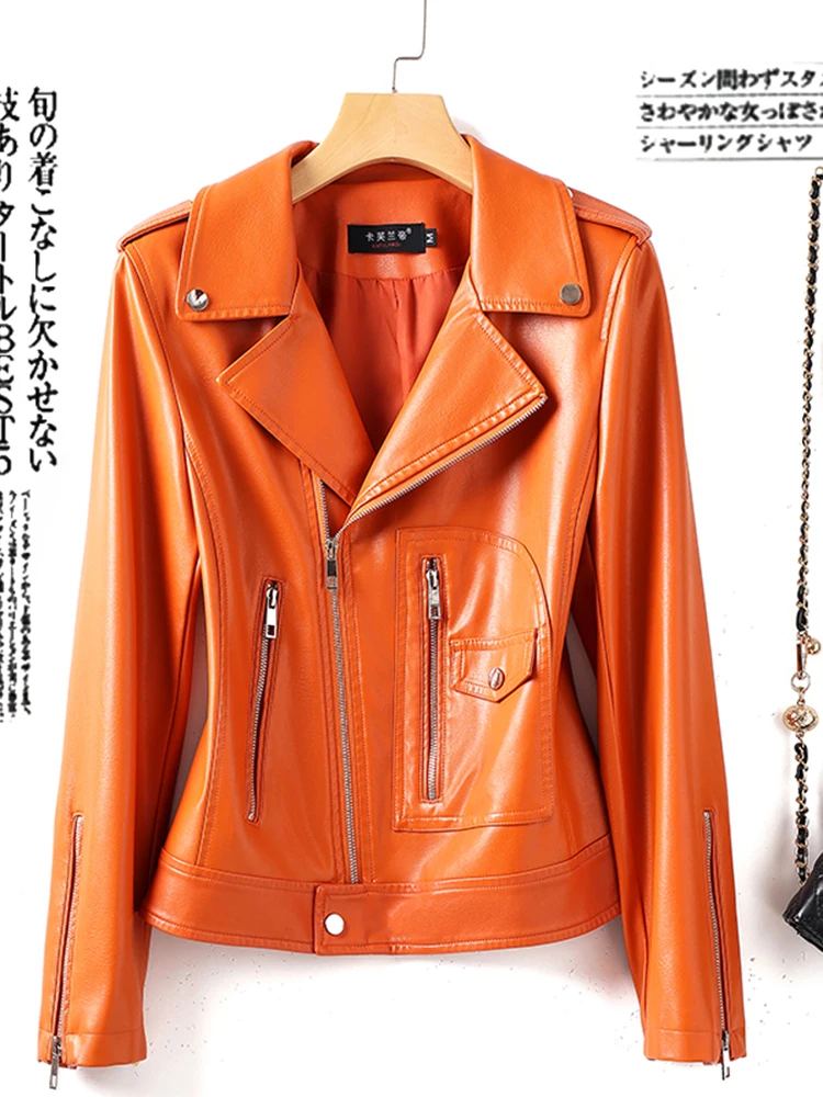ファッショナブルな本革ジャケット女性用オートバイ用シープスキンコートスタンドカラージッパー開閉スリムフィットデザイン