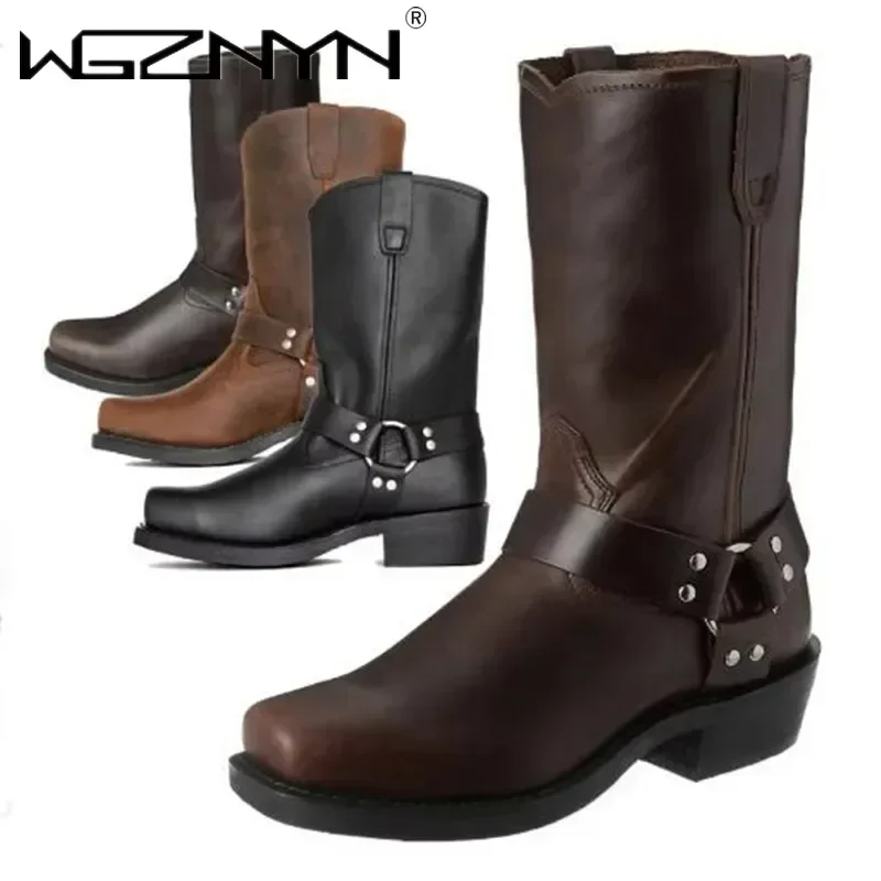 

Luxury Retro Cowboy Boots Men Mid Calf Western Boot Men Pu Leather Man Slip On Shoes Winter Knight Boots Booties Plus Size 39-48