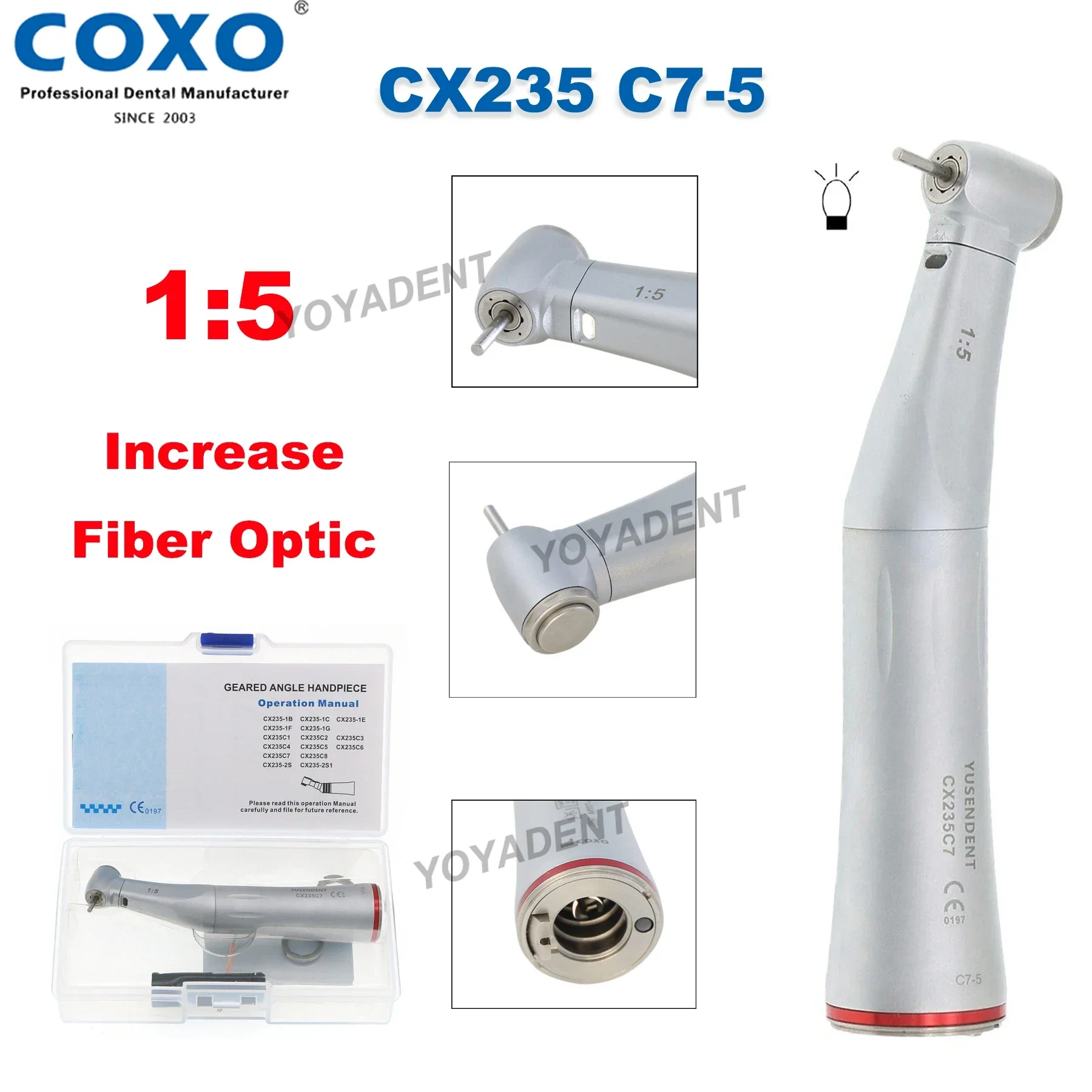 

COXO Dental Low Speed Handpiece Contra Angle 1:5 Increasing Fiber Optic Inner Water Push Button Handpiece Fit NSK C7-5