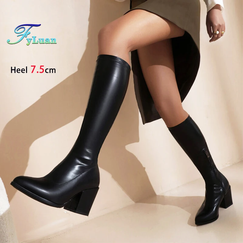 

Размер 34–44. Женская зимняя обувь. Сапоги с острым носком на Хэллоуин. Сапоги на блочном каблуке 7,5 см. Эластичные кожаные узкие высокие сапоги для женщин. Botas.