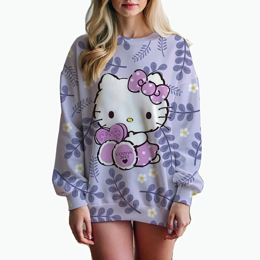 Hot Sale Oversize Printing Women Sweatshirt 2024 Autumn Anime Style Loose High Quality Hoodies Hello Kitty Print Hooded Girl