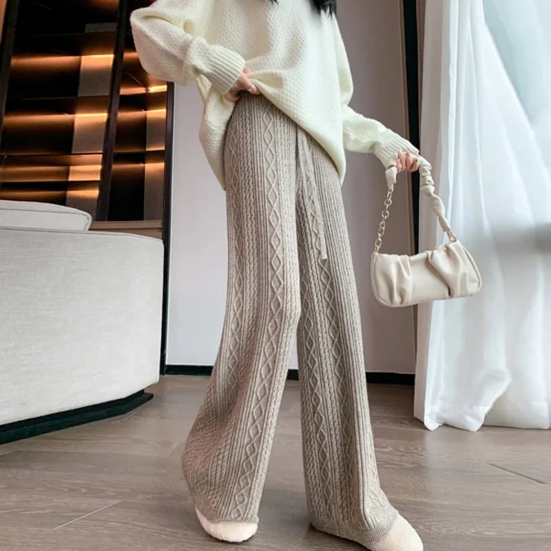 Autumn and Winter Knitted Wide-leg Pants for Women's Casual Loose Twist Pants Fashion High Waist Long Pants