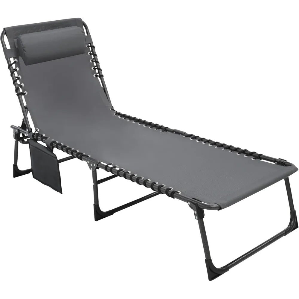 

Outdoor Foldable Chaise Lounge Chair with Detachable Pillow & Pocket, Portable Tanning Chair