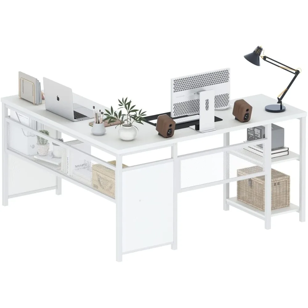 

Shaped Computer Desk with Shelves, Reversible Modern Corner Desk for Home Office, Rustic Wood and Metal Office Desk with