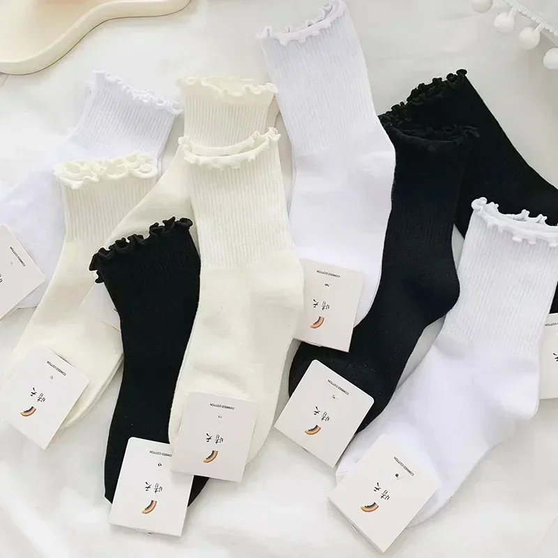 1/2/5/10Pairs Cotton Ruffle Socks Middle Tube Ankle Breathable Black White Spring Autumn Casual Sock Cute Lolita Korean Stocking image 6