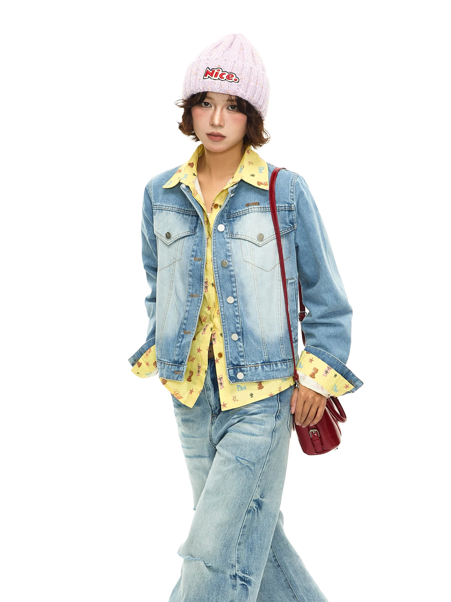 

Chen Stiy Old Store American Retro Heavyweight Waed Bleached Denim Jaet Women Slimming Hot Girl ort Coat Top