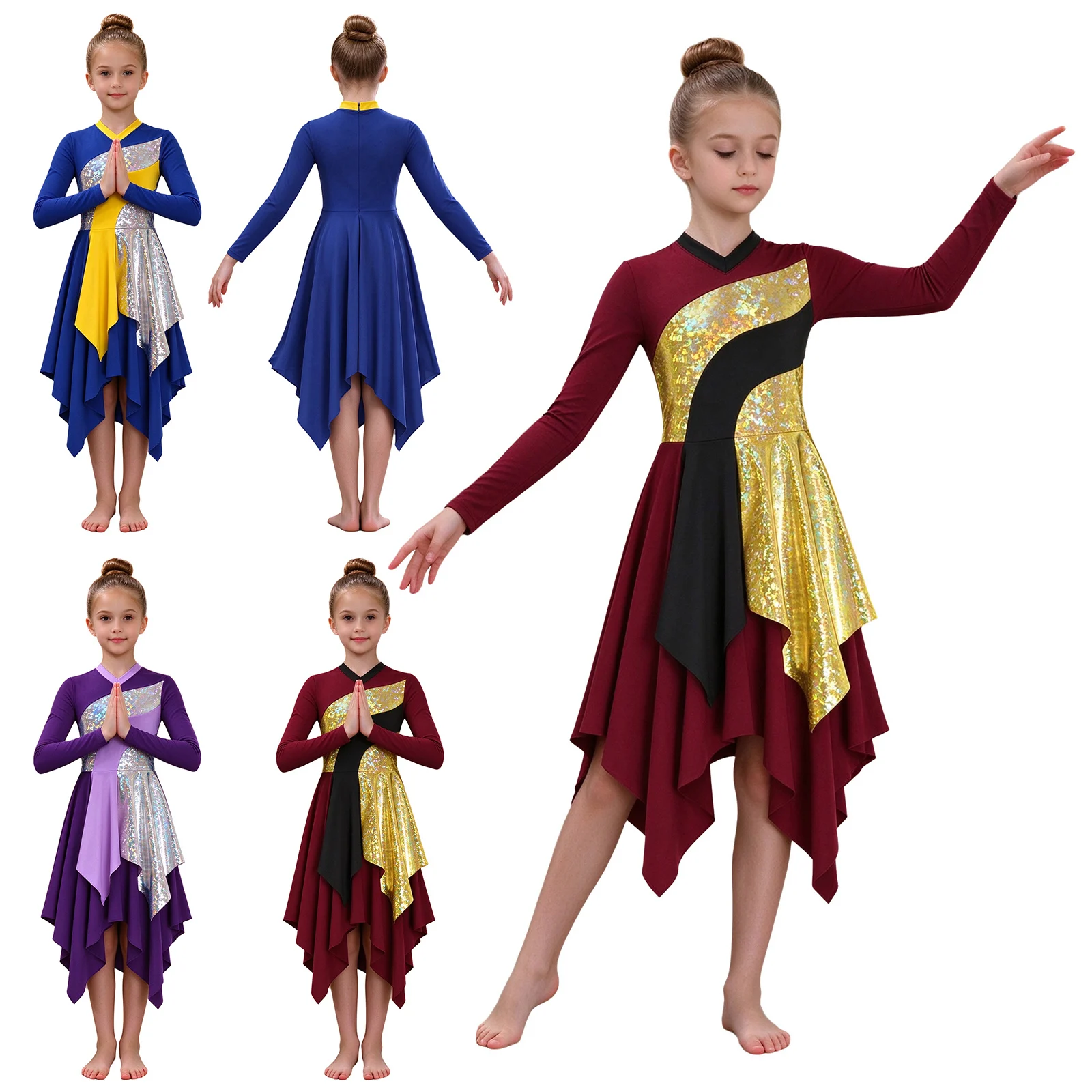 Kids Girls Praise Dance Worship Liturgical Performance Dancewear Costume Long Sleeve Metallic Color-blocked Irregular Hem Dress