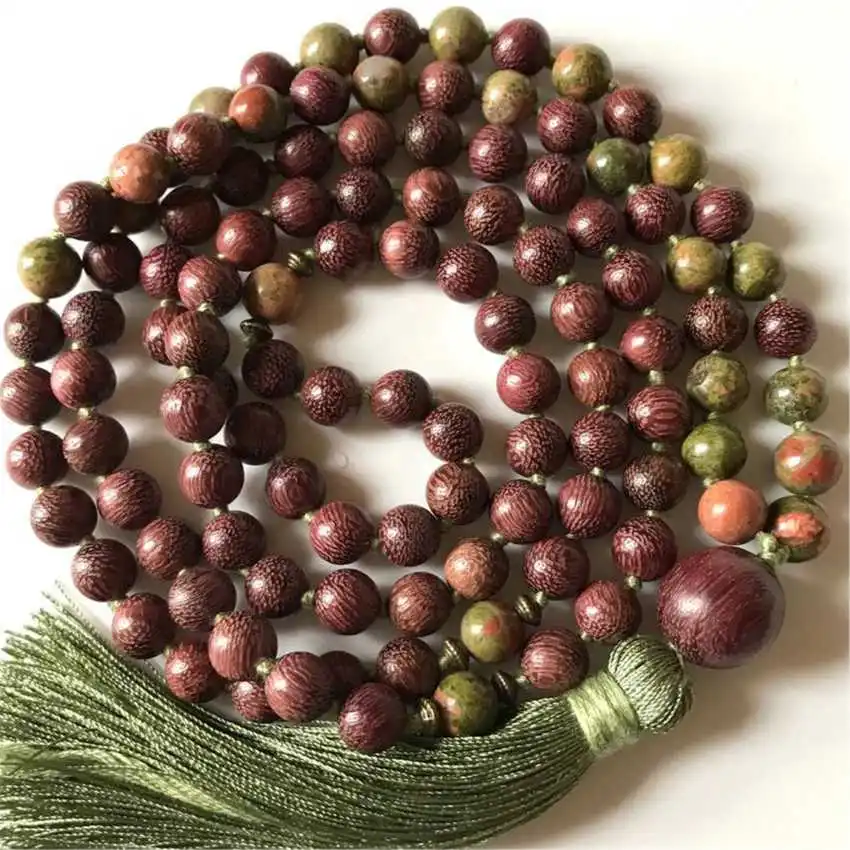 

Natural Sandalwood & Red Jasper Mala Beads Necklace 108 Beads with Green Tassel Healing Crystal Jewelry