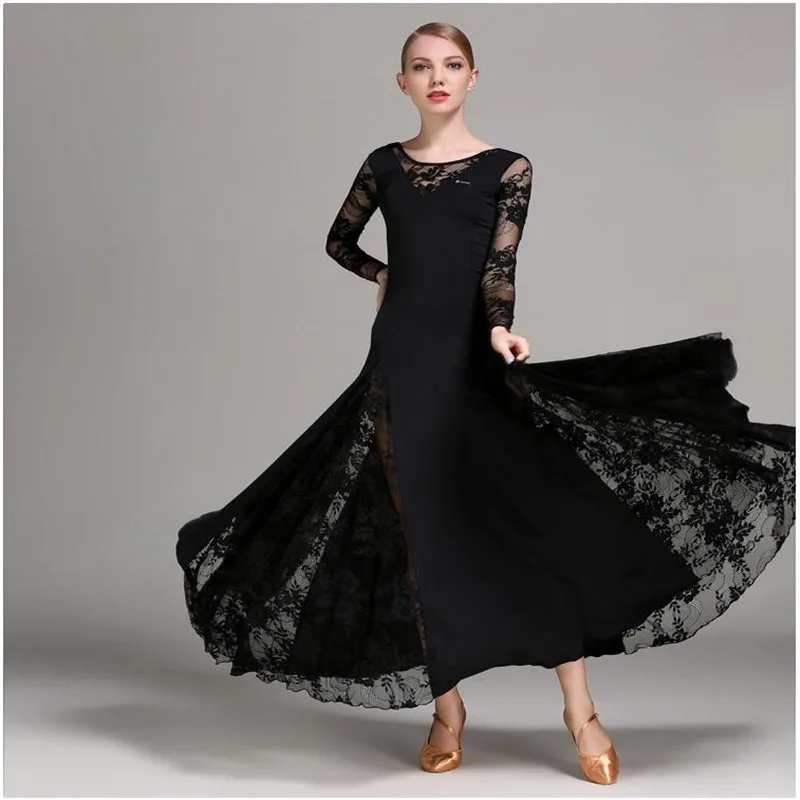 Sexy lace ballroom dance dress for woman long sleeves waltz tango dance dresses standard dress black/red/blue/green