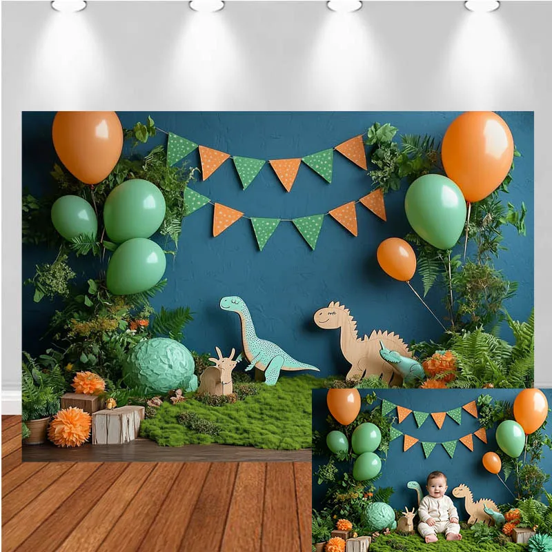 LS Photography Backdrop Dinosaur Balloon Forest Scenery Decor Birthday Cake Smash Baby Shower Kids Portrait Photo Background