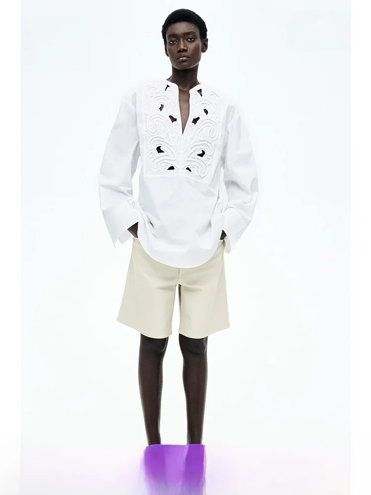 

Elegant Hollow out Embroidery Long Sleeve Women's Shirt Summer Casual Style Loose Fit Cotton 100% V Neck Thin Spring Fashion