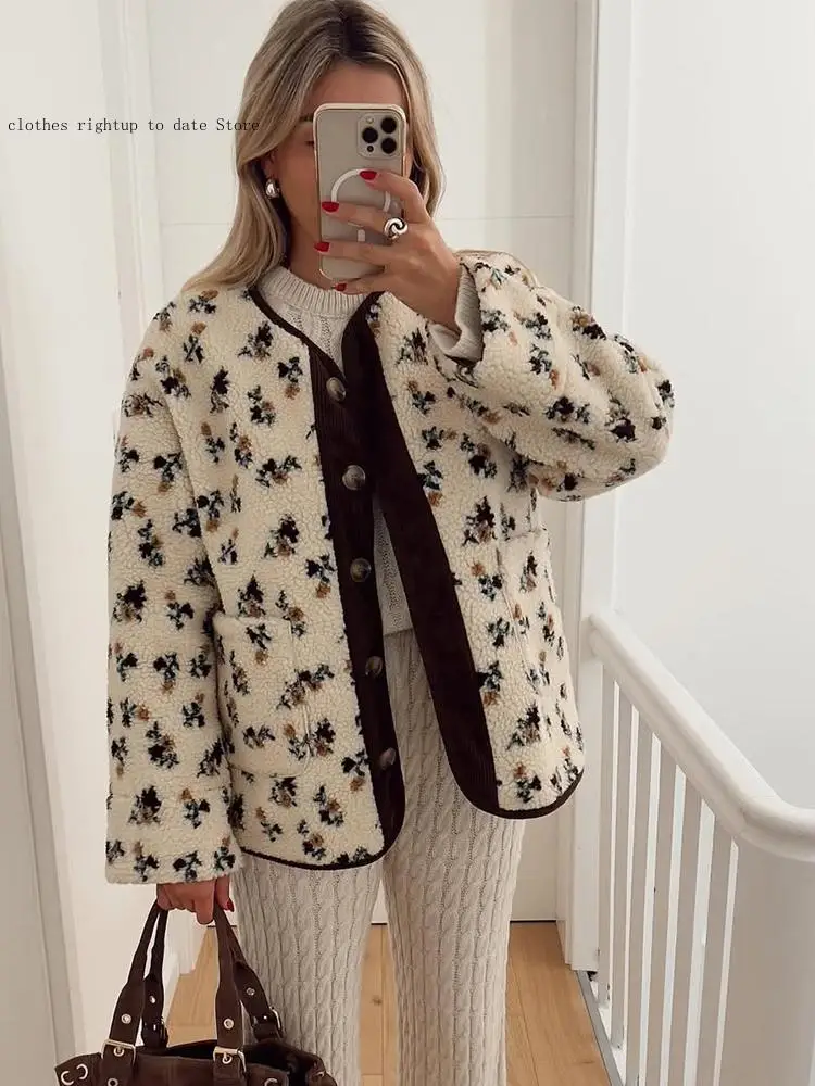 Ležérní kulatý výstřih s jedním řadovým zapínáním na kapsy, volné bundy, dámské denní dojíždění, kancelářský kabát, dámská tištěná krátká fleecová bunda - náhled 2