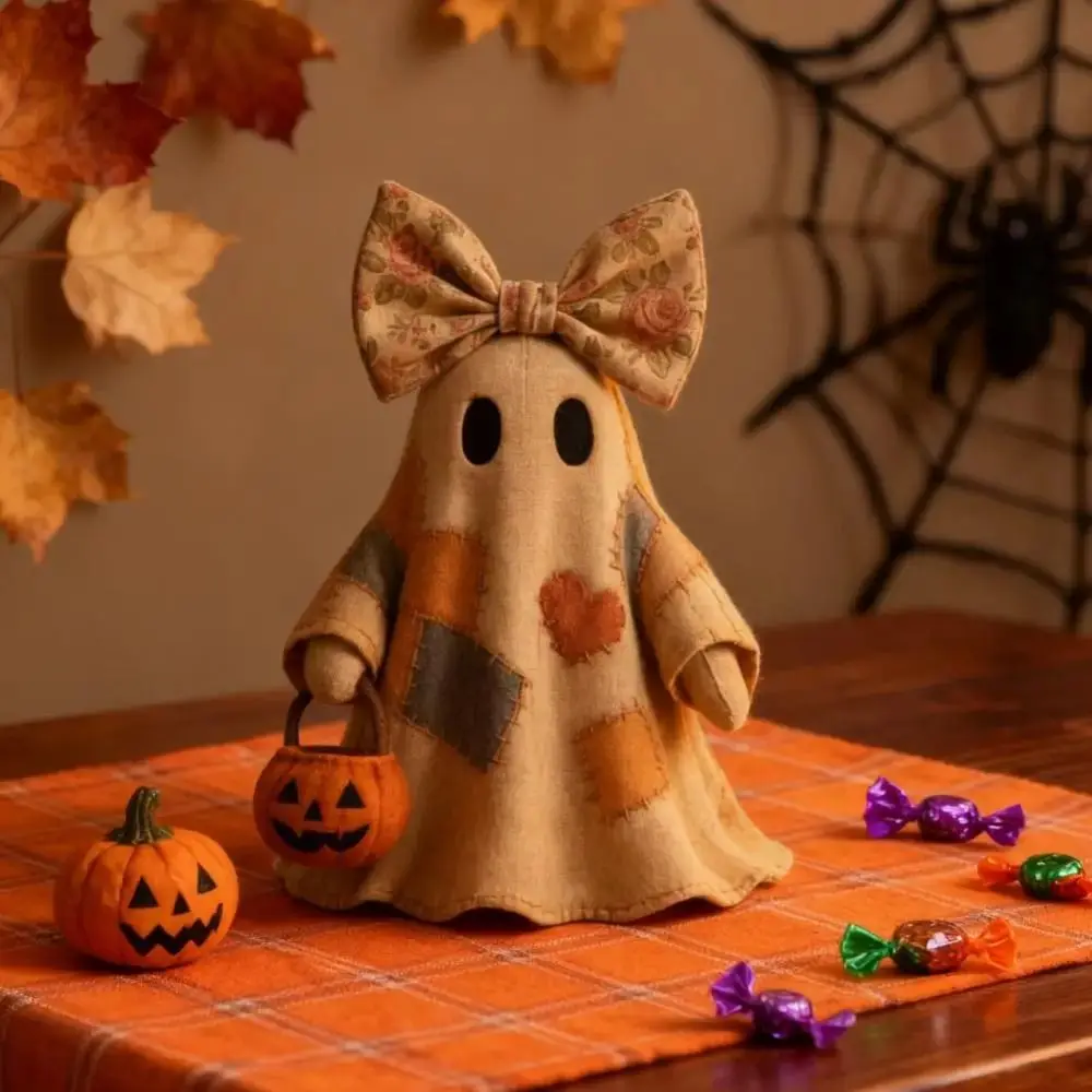 Vintage Style Patchwork Ghost Soft Pieced Fabric Matching Pumpkin Fabric Ghost Centerpiece Lightweight Structure Neat Stitching