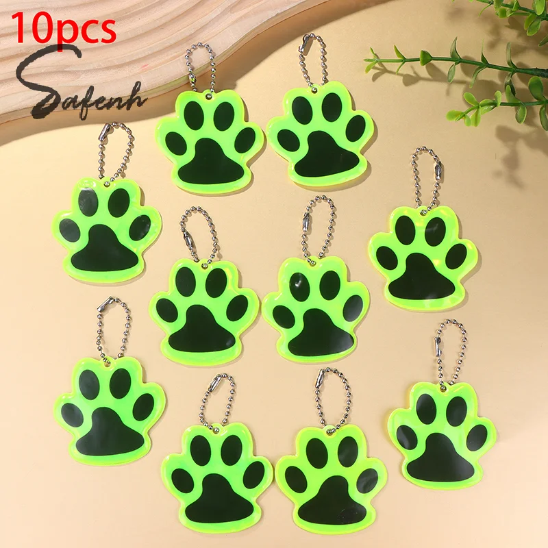 10Pcs Cute Paw Reflective Keychain Outdoor Night Safety Kids Pet Double-sided Reflective Backpack Accessories Pendant