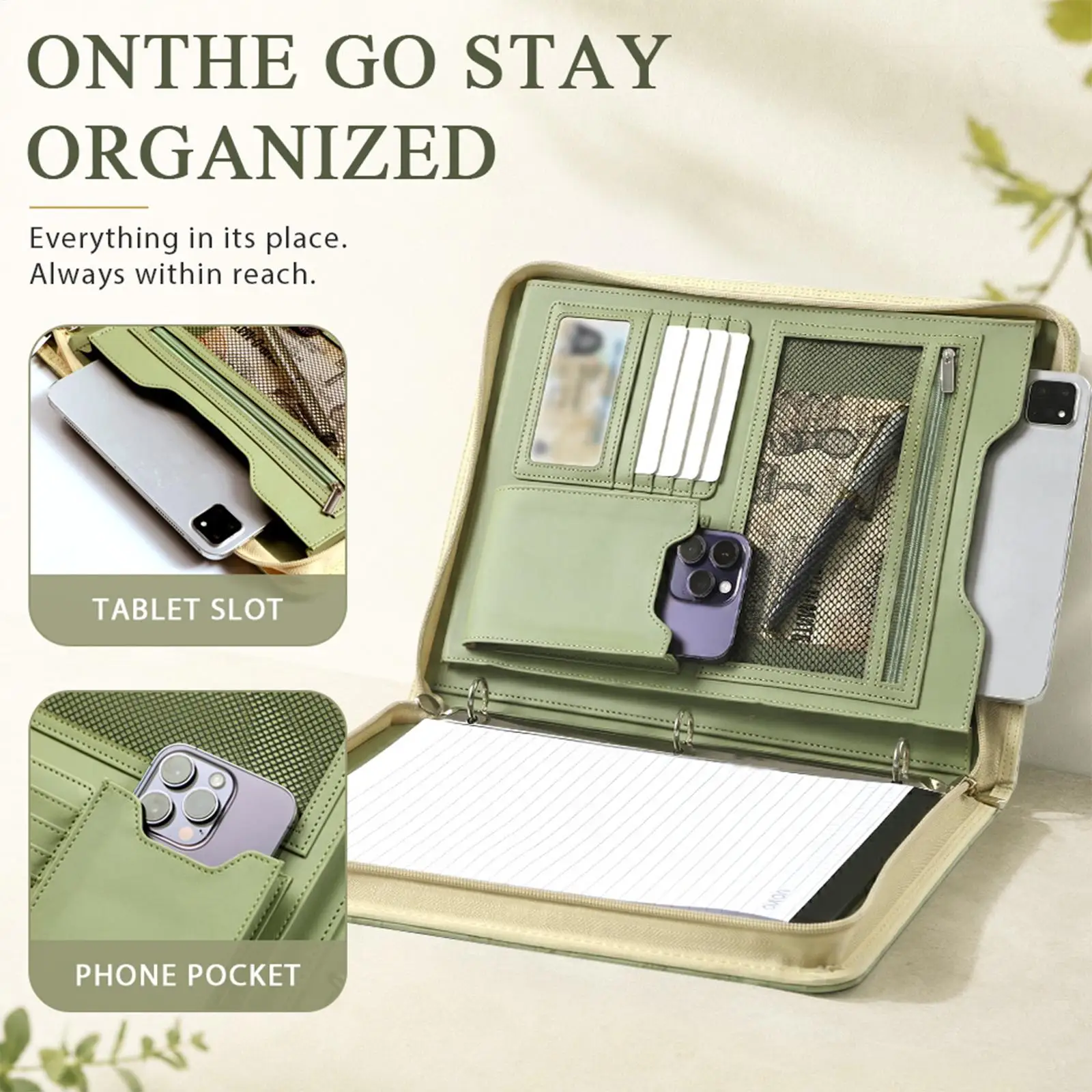 A4 Folio Binder PU Leather Folio Organizer Binder Portable Letter Document Card Storage Holder For Office Conference Business