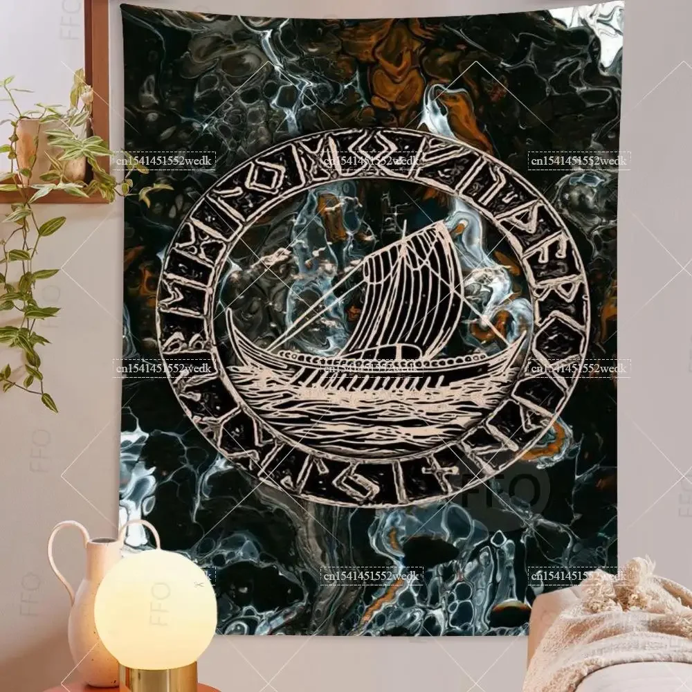 

Ancientn Viking Tapestry Wall Hanging Norse Runes Tarot Tapestrys Warship Witchcraft Tapestries Aesthetic Bedroom Decoration